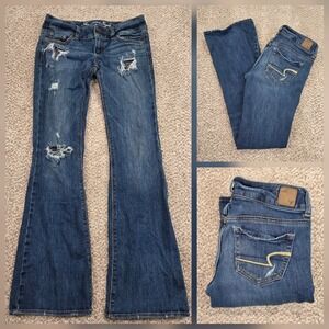 American Eagle Artist Flare Denim Jeans Low Rise Double Button 4 REG Distressed